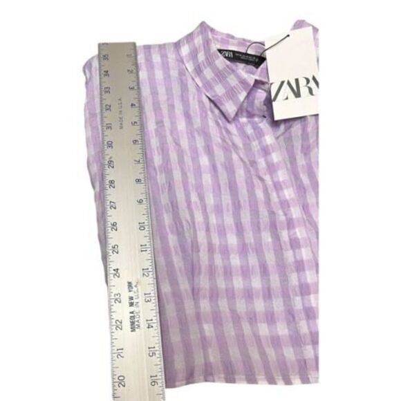 Zara Gingham Crop Top Button Down Blouse Shoulder Pads‎ Bright Pastel - Picture 4 of 11